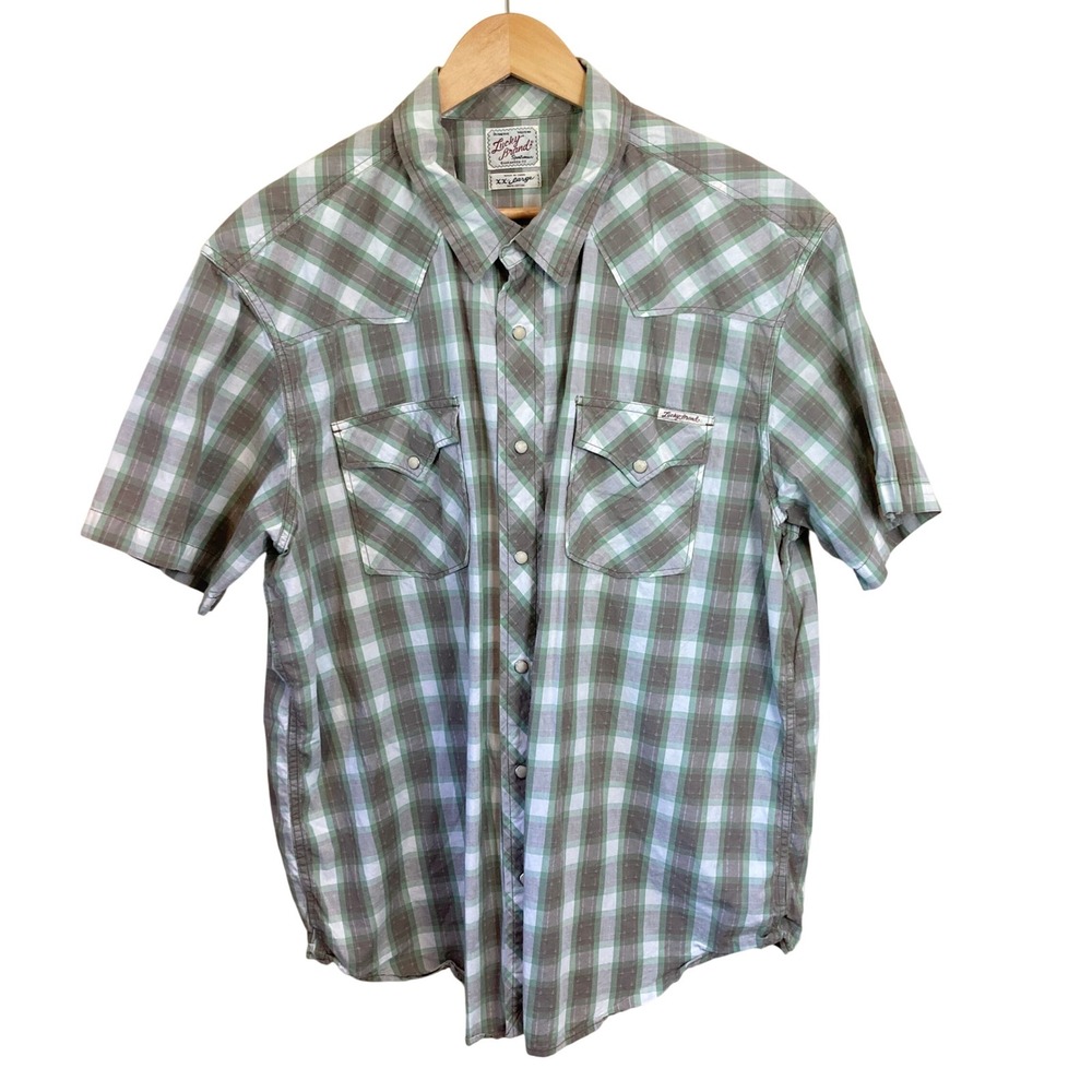 Lucky Brand Shirt Mens XXL Western Pearl‎ Snap Green Plaid Short Sleeve 7MD4167